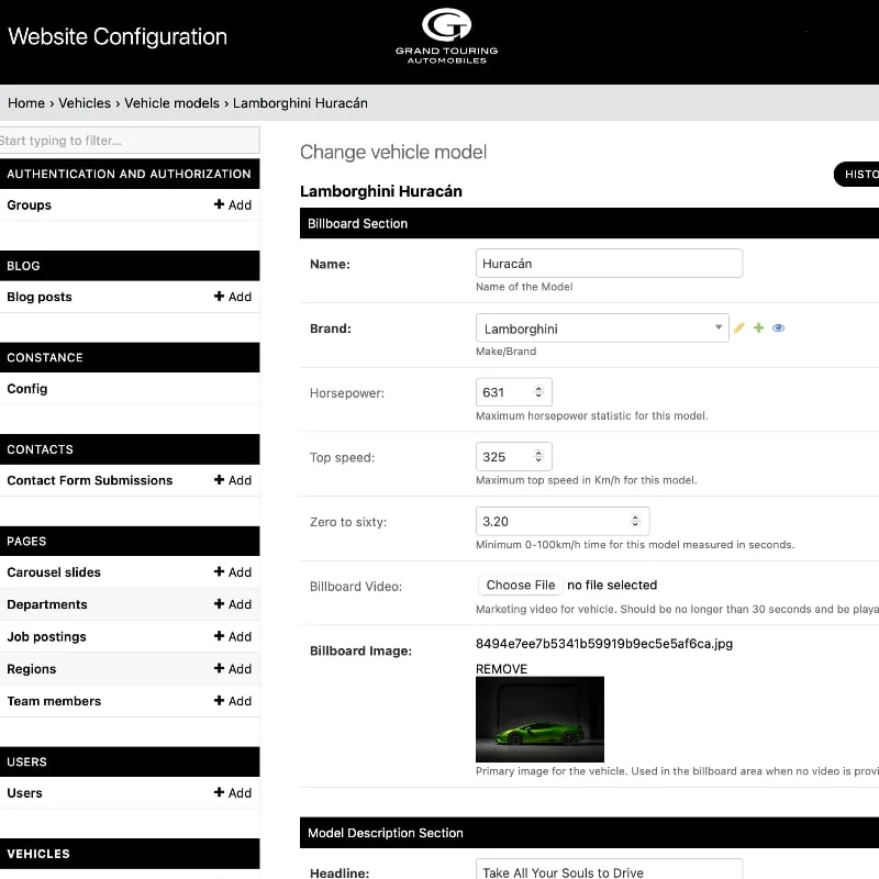 Vehicle model configuration in the admin