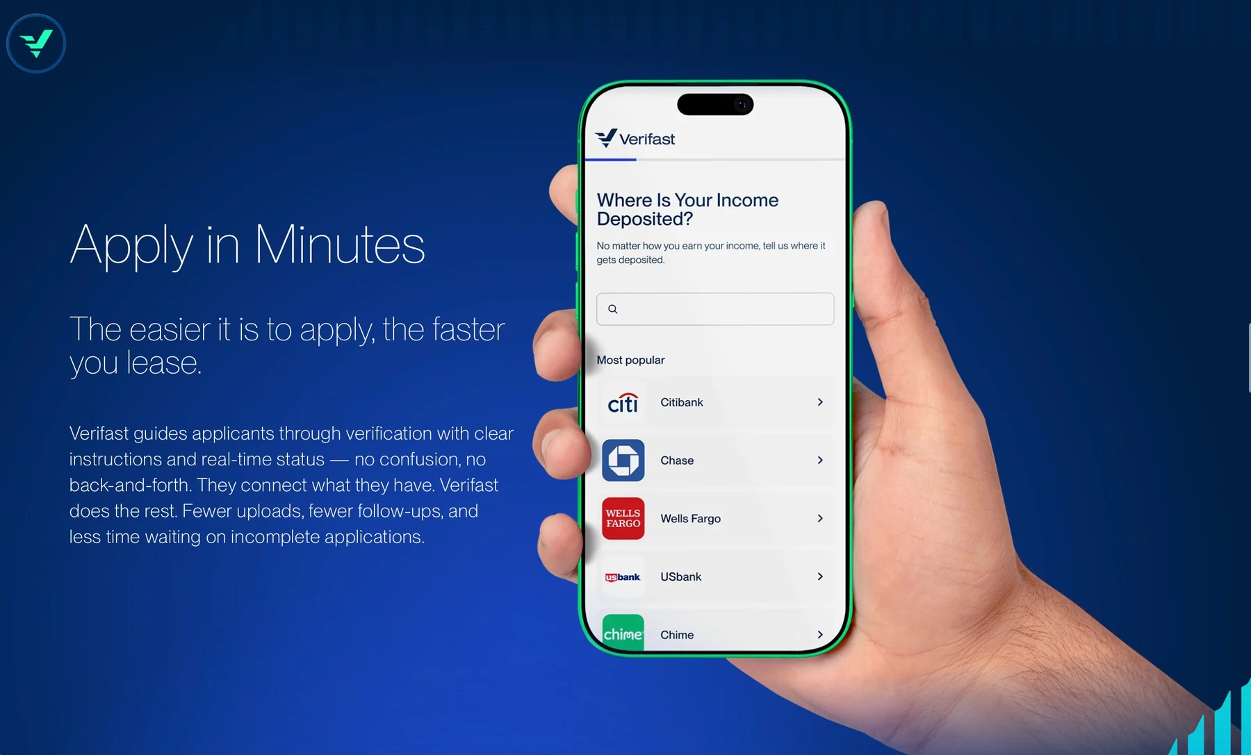 Verifast applicant flow: selecting the bank that holds income deposits